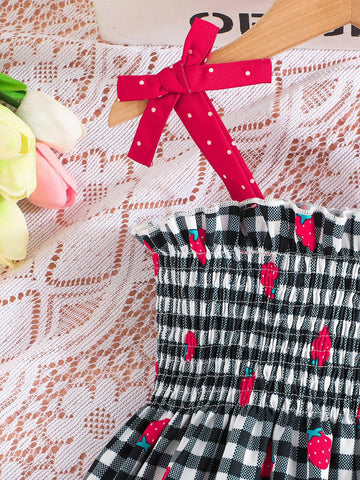 Baby Girls' Summer Fashionable Flare Sleeve Lovely Strawberry Printed Smock Embroidery Dress