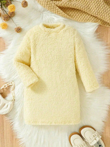 Baby Girls Young Girl Long Sleeve Plush Dress Crew Neck For Autumn And Winter, Party, Everyday