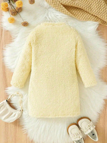 Baby Girls Young Girl Long Sleeve Plush Dress Crew Neck For Autumn And Winter, Party, Everyday