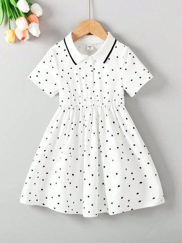 Back-To-School Season Girls (Little) College Style Turn-Down Collar Button White Polka Dot Ladylike Short-Sleeved Dress