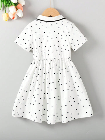 Back-To-School Season Girls (Little) College Style Turn-Down Collar Button White Polka Dot Ladylike Short-Sleeved Dress