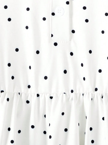 Back-To-School Season Girls (Little) College Style Turn-Down Collar Button White Polka Dot Ladylike Short-Sleeved Dress