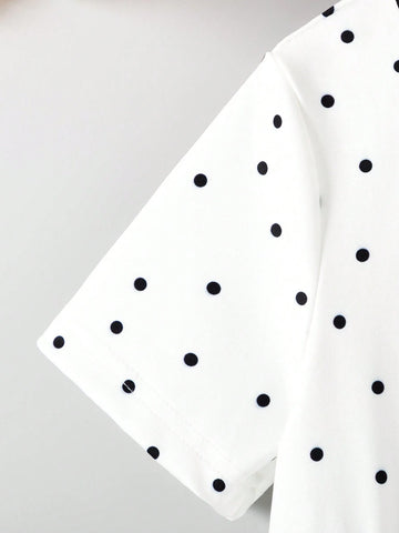 Back-To-School Season Girls (Little) College Style Turn-Down Collar Button White Polka Dot Ladylike Short-Sleeved Dress