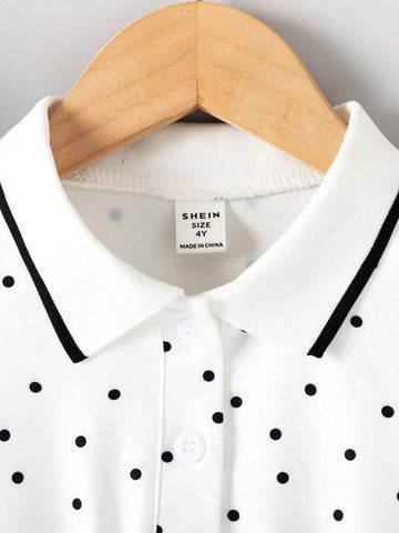 Back-To-School Season Girls (Little) College Style Turn-Down Collar Button White Polka Dot Ladylike Short-Sleeved Dress