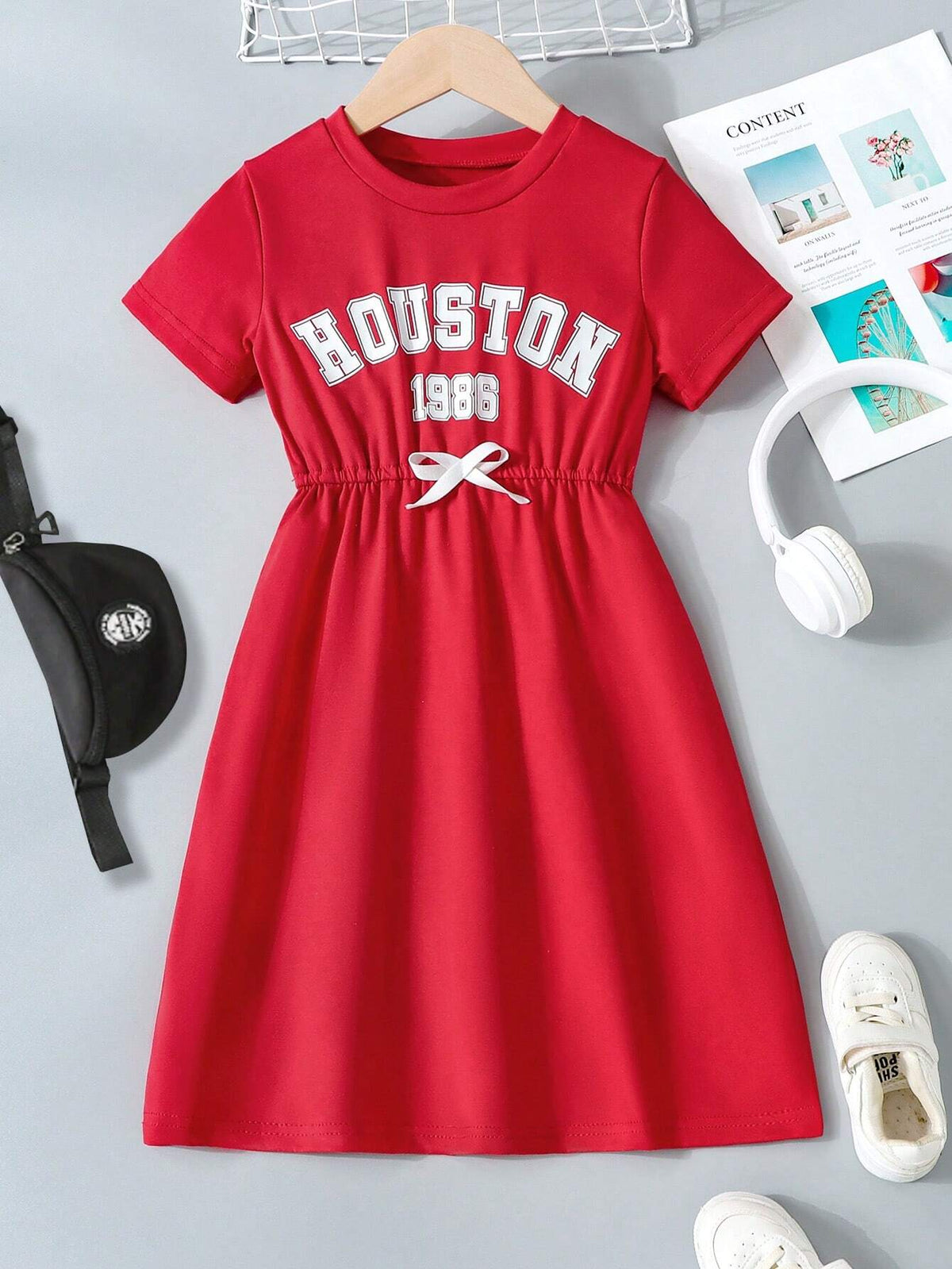 Back-To-School Season: Young Girl Letter Print Short Sleeve T-Shirt Dress With Bowknot, Casual College Style Vacation Dress For Children, Summer