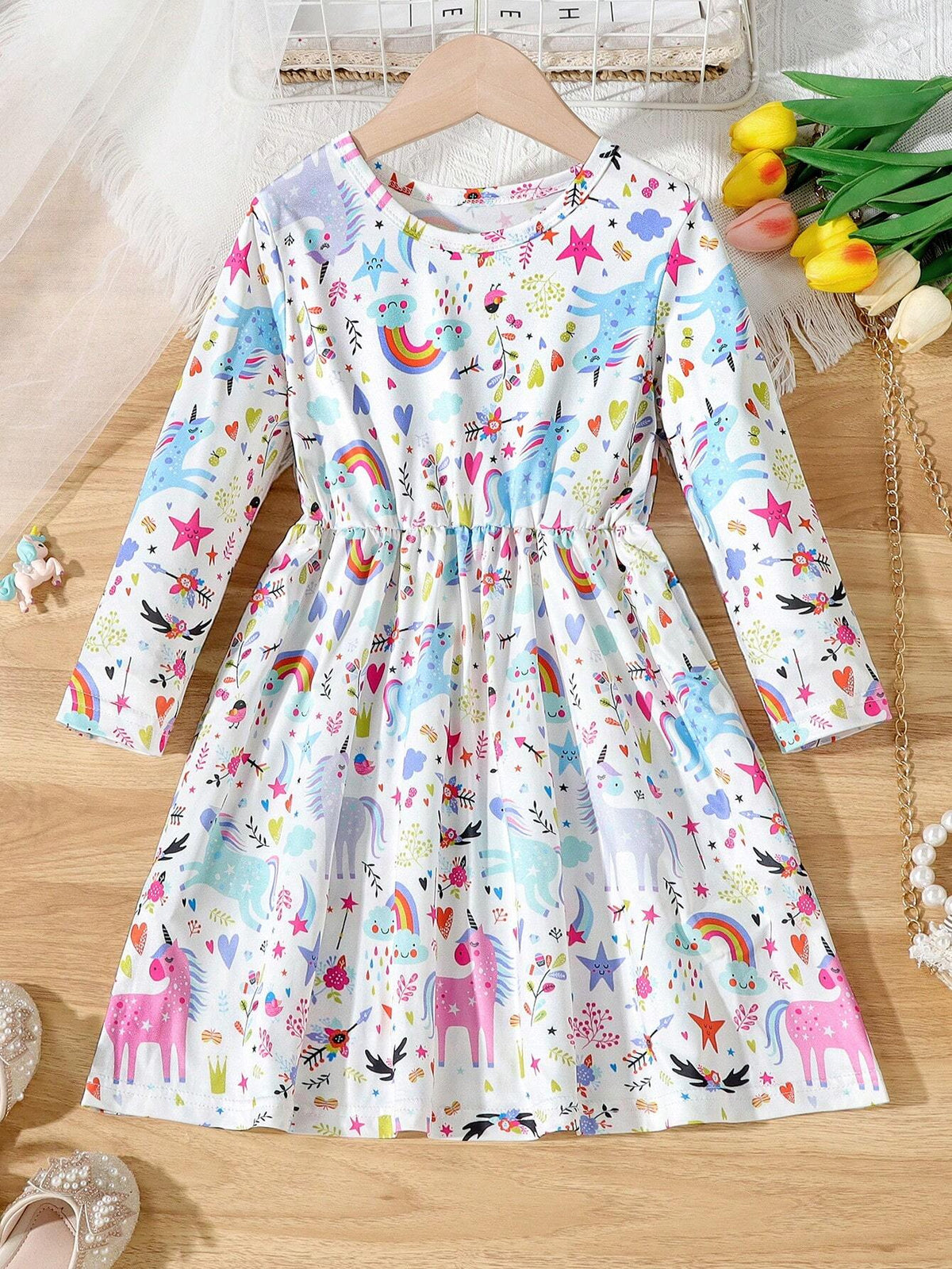 Back-To-School Season Young Girls' Cartoon Multidimensional Unicorn Printed Comfortable Long Sleeve Midi Dress, Spring And Autumn