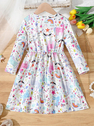 Back-To-School Season Young Girls' Cartoon Multidimensional Unicorn Printed Comfortable Long Sleeve Midi Dress, Spring And Autumn