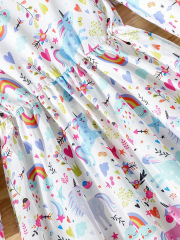 Back-To-School Season Young Girls' Cartoon Multidimensional Unicorn Printed Comfortable Long Sleeve Midi Dress, Spring And Autumn