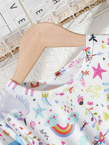 Back-To-School Season Young Girls' Cartoon Multidimensional Unicorn Printed Comfortable Long Sleeve Midi Dress, Spring And Autumn