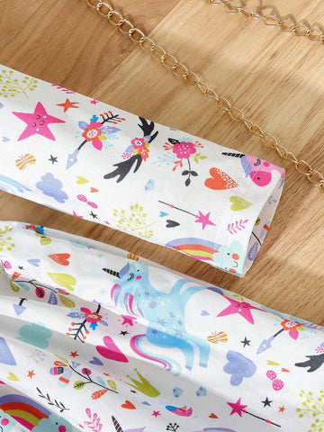 Back-To-School Season Young Girls' Cartoon Multidimensional Unicorn Printed Comfortable Long Sleeve Midi Dress, Spring And Autumn