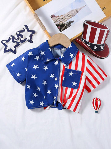 Back-To-School Season Young Girls' Casual Beach Vacation Slim Fit American Flag Printed Short Sleeve Twisted Front Collared Shirt, Summer