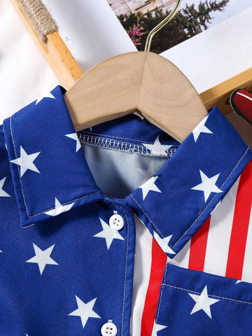 Back-To-School Season Young Girls' Casual Beach Vacation Slim Fit American Flag Printed Short Sleeve Twisted Front Collared Shirt, Summer