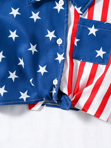 Back-To-School Season Young Girls' Casual Beach Vacation Slim Fit American Flag Printed Short Sleeve Twisted Front Collared Shirt, Summer