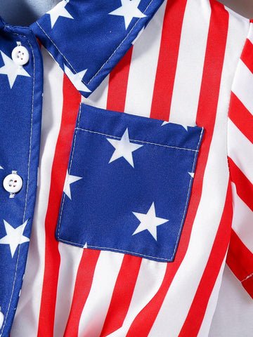 Back-To-School Season Young Girls' Casual Beach Vacation Slim Fit American Flag Printed Short Sleeve Twisted Front Collared Shirt, Summer