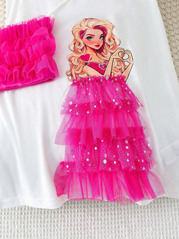 Back-To-School Summer Girls' Princess Printed Dress With 3D Floral Hem And Simple Short Sleeves, Including Crossbody Bag