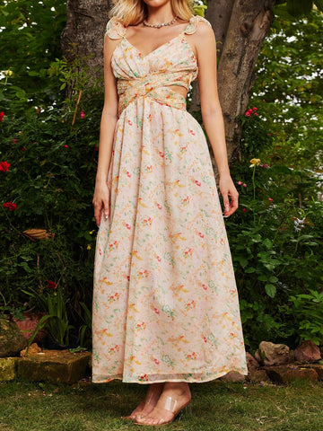 Back Tie Wood Ear Edged Bridesmaid Dress With Toothpick Bar Skirt, Decorated With Fresh Small Flowers