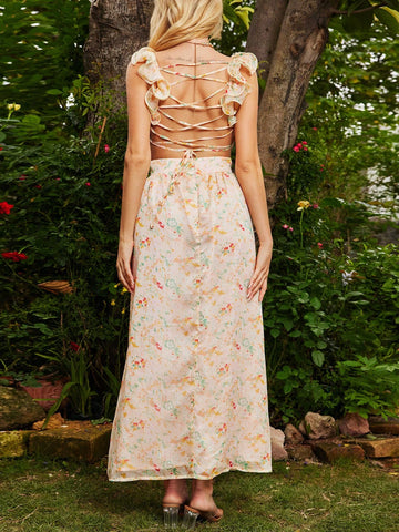 Back Tie Wood Ear Edged Bridesmaid Dress With Toothpick Bar Skirt, Decorated With Fresh Small Flowers