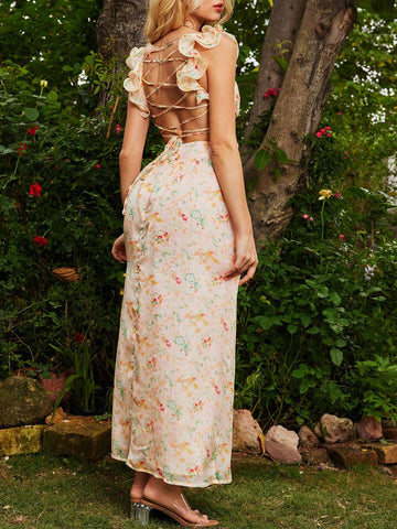 Back Tie Wood Ear Edged Bridesmaid Dress With Toothpick Bar Skirt, Decorated With Fresh Small Flowers