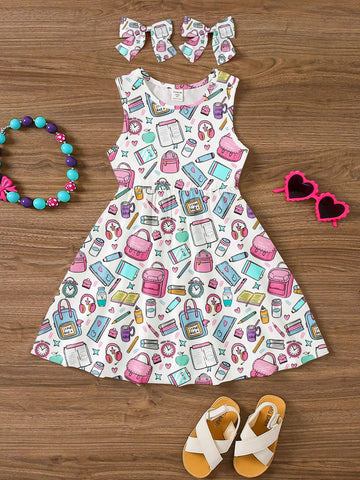 Back To School Dress, Young Girls' Cartoon Stationery Print Sleeveless Midi Dress With Casual And Simple College Style, Suitable For Summer