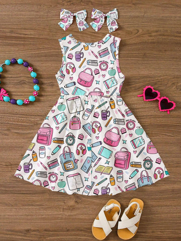 Back To School Dress, Young Girls' Cartoon Stationery Print Sleeveless Midi Dress With Casual And Simple College Style, Suitable For Summer
