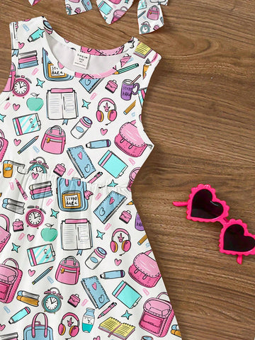 Back To School Dress, Young Girls' Cartoon Stationery Print Sleeveless Midi Dress With Casual And Simple College Style, Suitable For Summer