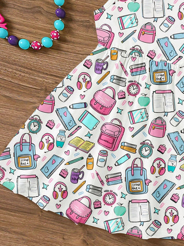 Back To School Dress, Young Girls' Cartoon Stationery Print Sleeveless Midi Dress With Casual And Simple College Style, Suitable For Summer
