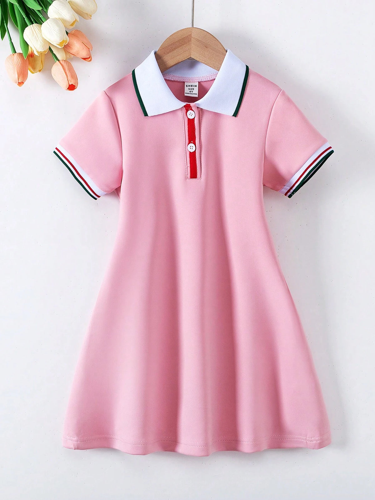 Back To School Girls (Small) Collegiate Style Lapel Button White Solid Gentle Short Sleeve Dress