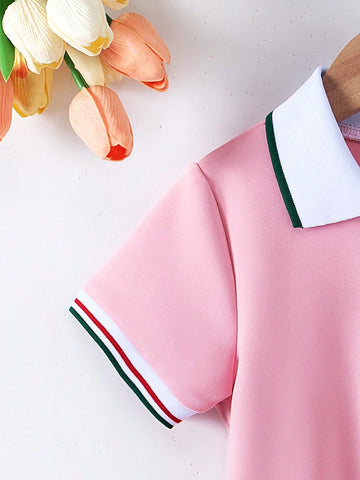 Back To School Girls (Small) Collegiate Style Lapel Button White Solid Gentle Short Sleeve Dress