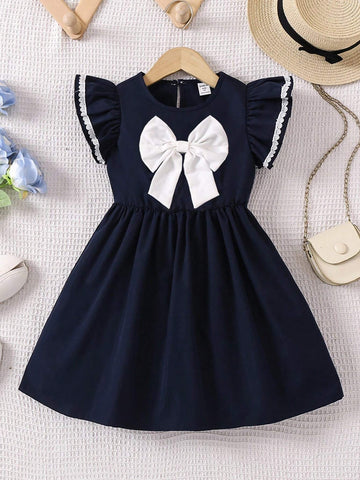 Back To School Season College Style Girl Small Dress, Navy Blue With White Bow, Casual Skirt With Cute Flying Sleeves And White Lace Accessories, Fresh Summer And Autumn Style.