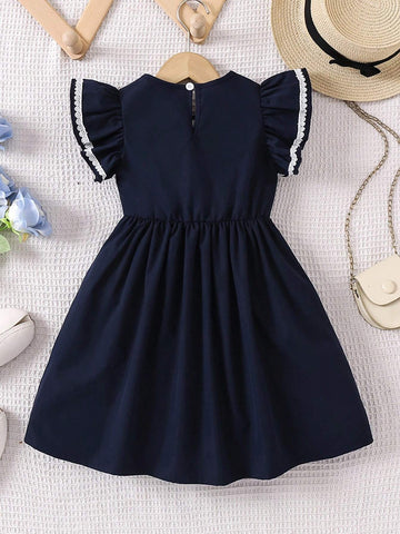 Back To School Season College Style Girl Small Dress, Navy Blue With White Bow, Casual Skirt With Cute Flying Sleeves And White Lace Accessories, Fresh Summer And Autumn Style.