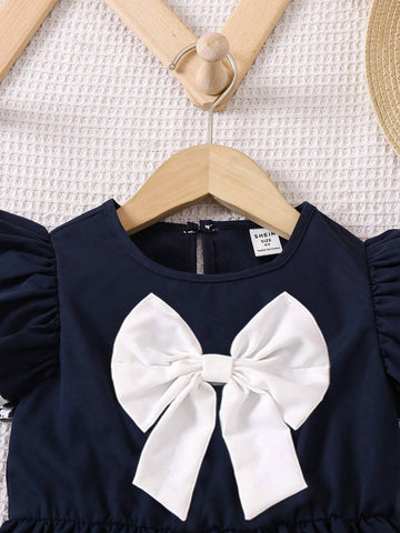 Back To School Season College Style Girl Small Dress, Navy Blue With White Bow, Casual Skirt With Cute Flying Sleeves And White Lace Accessories, Fresh Summer And Autumn Style.