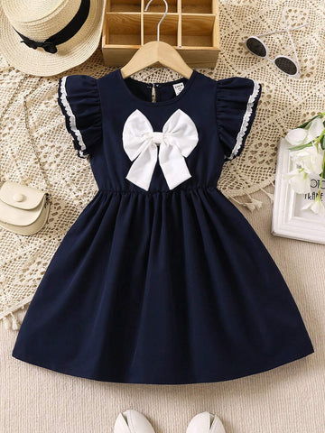Back To School Season College Style Girl Small Dress, Navy Blue With White Bow, Casual Skirt With Cute Flying Sleeves And White Lace Accessories, Fresh Summer And Autumn Style.