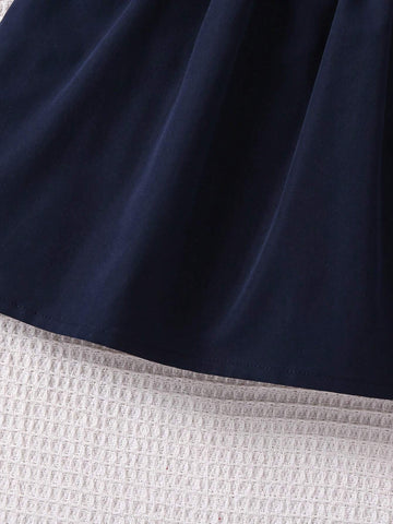 Back To School Season College Style Girl Small Dress, Navy Blue With White Bow, Casual Skirt With Cute Flying Sleeves And White Lace Accessories, Fresh Summer And Autumn Style.