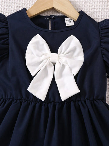 Back To School Season College Style Girl Small Dress, Navy Blue With White Bow, Casual Skirt With Cute Flying Sleeves And White Lace Accessories, Fresh Summer And Autumn Style.