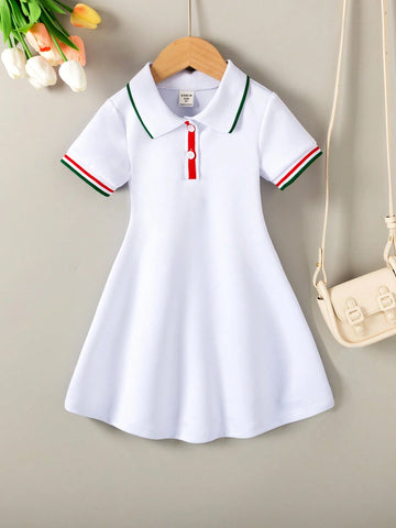Back To School Season, Girl (Little) College Style, Turn-Down Collar, Button, White Color, Pure Color, Gentle And Soft Short Sleeve Dress