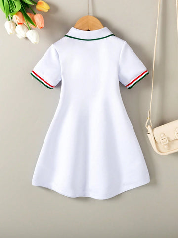 Back To School Season, Girl (Little) College Style, Turn-Down Collar, Button, White Color, Pure Color, Gentle And Soft Short Sleeve Dress