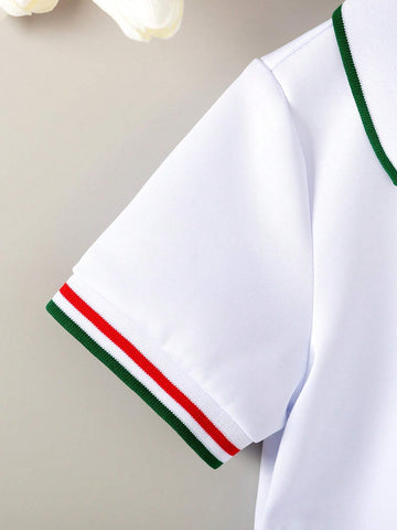 Back To School Season, Girl (Little) College Style, Turn-Down Collar, Button, White Color, Pure Color, Gentle And Soft Short Sleeve Dress