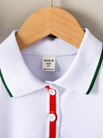 Back To School Season, Girl (Little) College Style, Turn-Down Collar, Button, White Color, Pure Color, Gentle And Soft Short Sleeve Dress