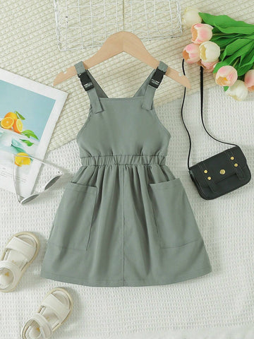 Back To School Season, Girls' Streetwear Single Piece Overall Sleeveless Dress With Cinched Waist And Pockets, Inner Clothing Not Included