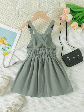 Back To School Season, Girls' Streetwear Single Piece Overall Sleeveless Dress With Cinched Waist And Pockets, Inner Clothing Not Included