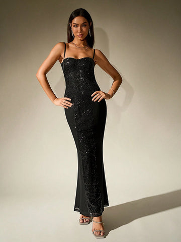 Backless Cut Out Mermaid Hem Sequin Bodycon Cami Women Cocktail Dresse