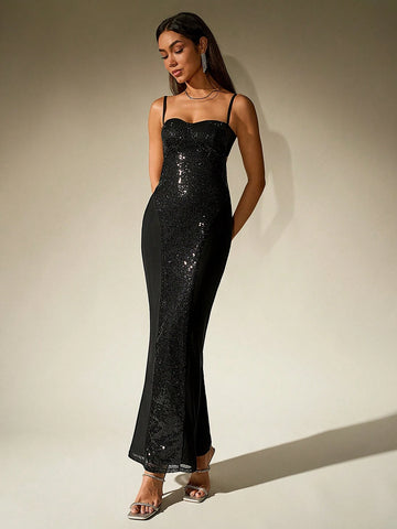 Backless Cut Out Mermaid Hem Sequin Bodycon Cami Women Cocktail Dresse