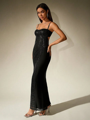 Backless Cut Out Mermaid Hem Sequin Bodycon Cami Women Cocktail Dresse