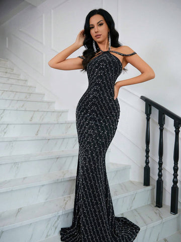 Backless Fish Tail Halter Neck Formal Dress