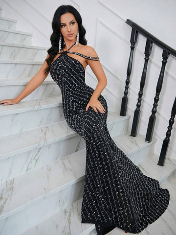 Backless Fish Tail Halter Neck Formal Dress