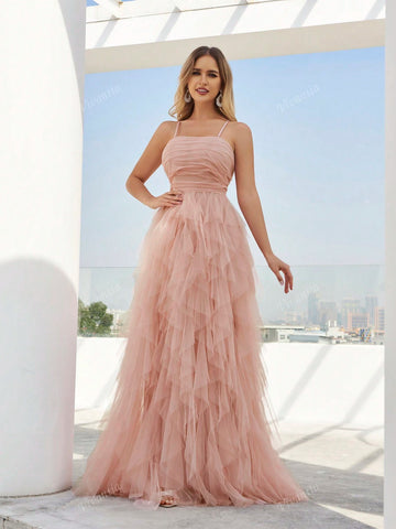 Backless Mesh Strappy Tie Waist Wide Flare Skirt Dress