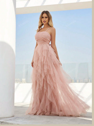 Backless Mesh Strappy Tie Waist Wide Flare Skirt Dress