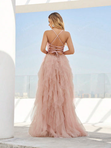 Backless Mesh Strappy Tie Waist Wide Flare Skirt Dress