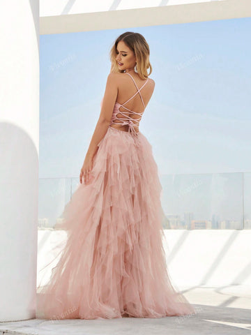 Backless Mesh Strappy Tie Waist Wide Flare Skirt Dress