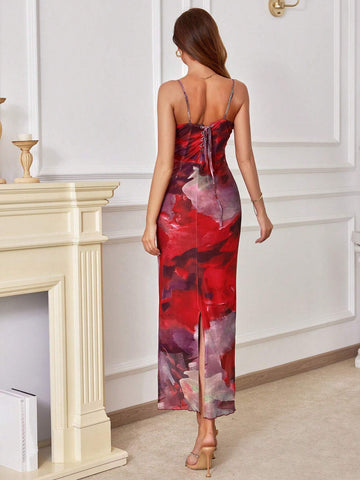 Backless Printed Split Elegant Slip Dress With Tie-Up Straps